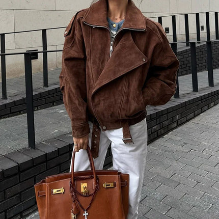 Women's Belt Short Suede Jackets Loose Lapel Long Sleeve Zipper Coats 2025 Spring Lady Vintage Female Outwear Street