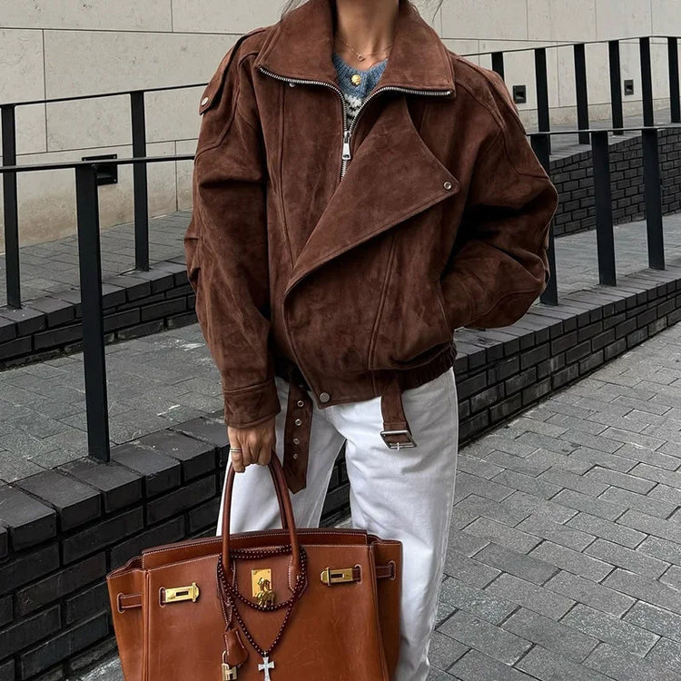 Women's Belt Short Suede Jackets Loose Lapel Long Sleeve Zipper Coats 2025 Spring Lady Vintage Female Outwear Street