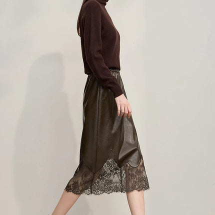 AMII Women's Skirt 2025 Autumn New Minimalist Versatile Clothing Ladies Leather Splicing Lace Solid A-line Midi Skirt 12543095 PlatiNum