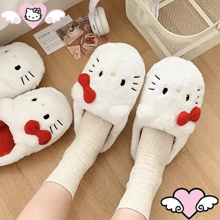 Cute Hello Kitty Anime Plush Slippers for Women, Sanrio Kawaii Cotton Shoes, Soft Student Bedroom Shoes, Girl Gifts for Winter Holidays