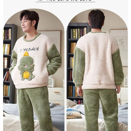 Couples Pajamas Women Men Winter Thicken Pyjamas Sleepwear Cartoon Dinosaur Korean Lovers Homewear Soft Warm Hoodies Pijama