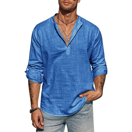 Men's Cotton Long Sleeve Mandarin Collar Linen Shirt Lightweight Breathable T-Shirt Streetwear Hawaiian Half Shirt Big
