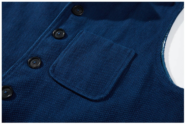 Vintage Lapel Waistcoat Men Autumn Winter New Kendo Fabric Multi-pocket Indigo Jacket Suit Vest Handmade Blue Dyed Cardigan Coat