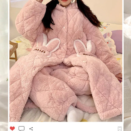 Women Winter Thickened Fleece Bathrobe Can Be Worn Outside Girls Student Hoodie Loose Pajama Two-piece Set Lady Warm Loungewear