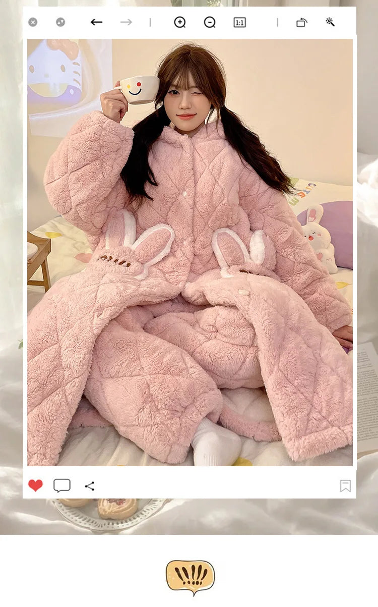 Women Winter Thickened Fleece Bathrobe Can Be Worn Outside Girls Student Hoodie Loose Pajama Two-piece Set Lady Warm Loungewear