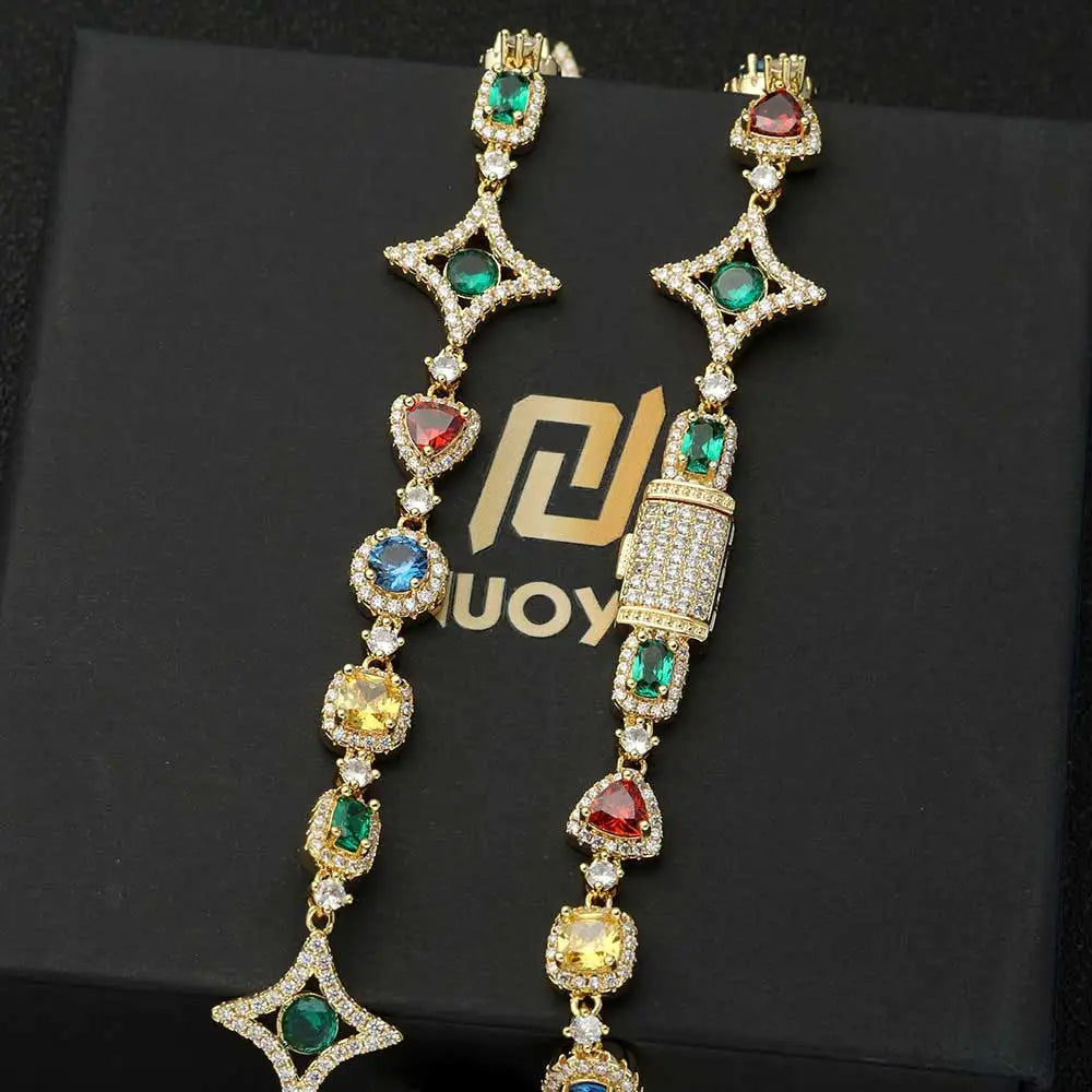Gioielli Hip Hop Moda Zircone colorato Collana ghiacciata Bracciale a catena con pietre preziose in cristallo placcato oro bianco