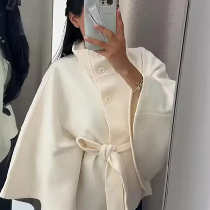 SMVP 2026 New Lace Up High Neck Jackets For Women Belt Faux Wool Blends Cape Coats Autumn Winter Warm Elegant Cloak Coat Ladies