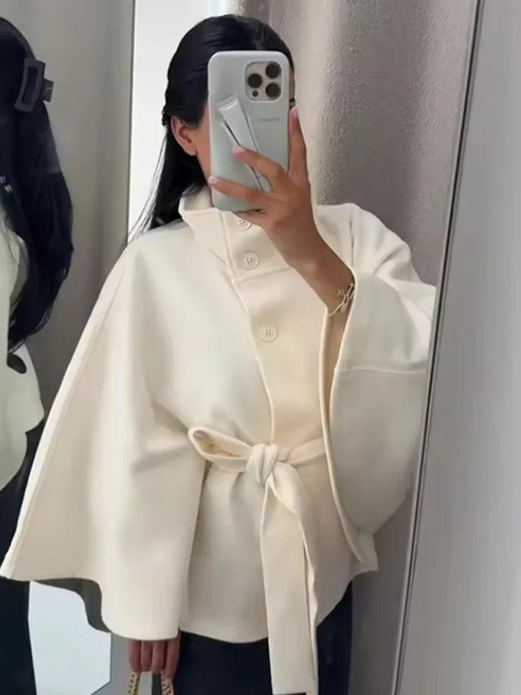 SMVP 2026 New Lace Up High Neck Jackets For Women Belt Faux Wool Blends Cape Coats Autumn Winter Warm Elegant Cloak Coat Ladies