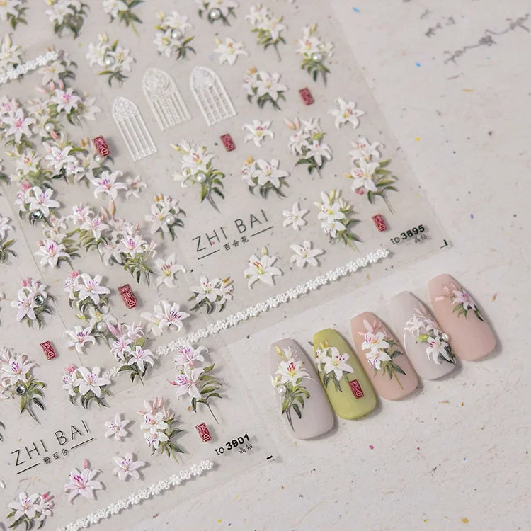 5D Kawaii Lily Nail Art Stickers 1pcs Japanese Pink White Flower With Diamond Self Adhesive Nail Decorations Slider Decals DIY
