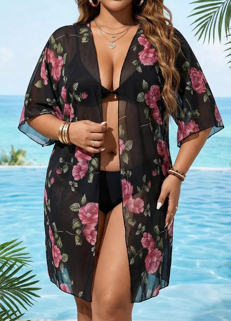 Cardigan da Spiaggia Plus Size da Donna con Ampia Stampa Floreale e Maniche a Pipistrello in Rete, Copricostume Sexy Trasparente e Morbido