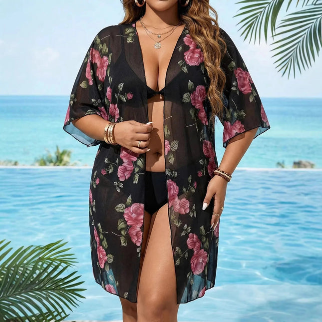 Cardigan da Spiaggia Plus Size da Donna con Ampia Stampa Floreale e Maniche a Pipistrello in Rete, Copricostume Sexy Trasparente e Morbido platinumshop