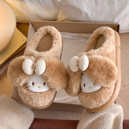 2026 Cute Bow Cat Cartoon Plush Slippers Women Men Winter Warm Thick Sole House Shoes Indoor Fuzzy Comfortable Soft Home Slides