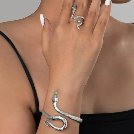 Offerta Speciale: Set di 2 Bracciali e Anelli a Forma di Serpente Punk, Bracciali Apribili a Spirale e Anelli per Dita, Gioielli per Mani Unisex platinumshop