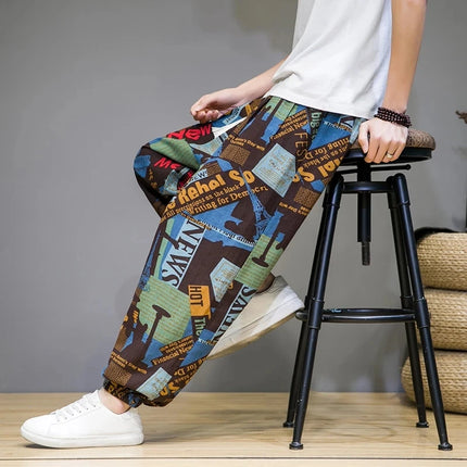 Pantaloni Primavera-Estate da Uomo in Stile Cinese, Sottili e Traspiranti in Cotone e Lino, con Vita Elastica, Pantaloni Harem Stampati Casual e Comodi