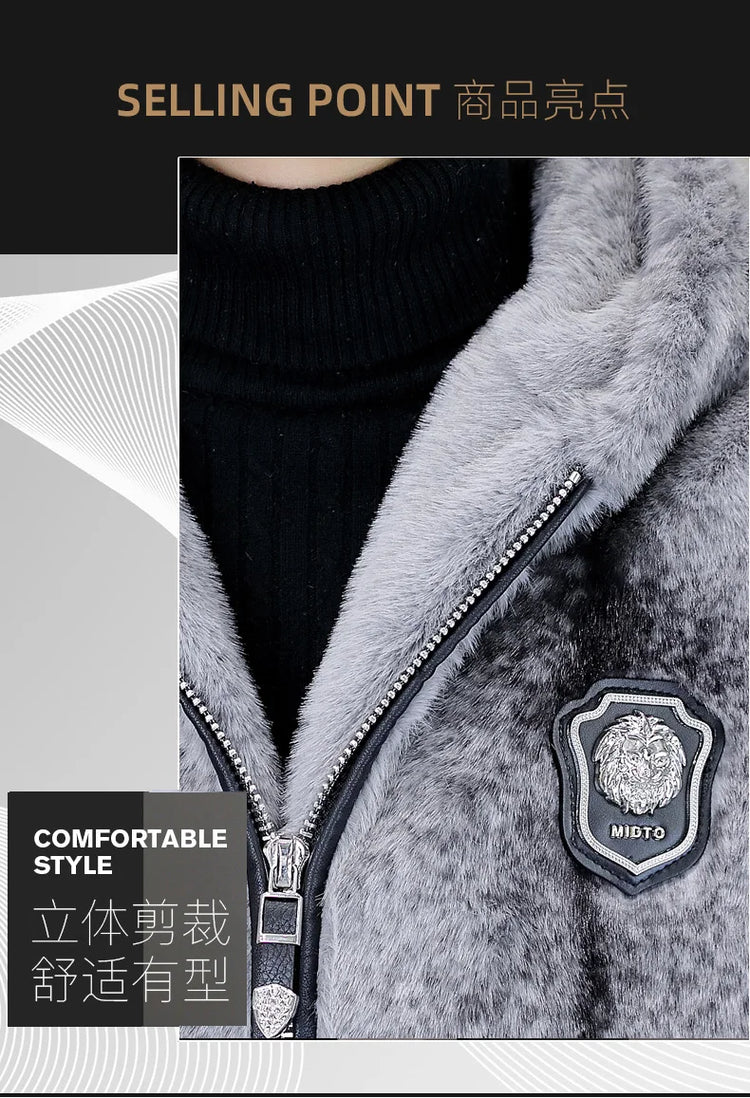 Autumn Winter Faux Fur Hooded Jacket Men Fashion Social Faux Mink Fur Casual Business Jacket Thick Warm Outdoor Windproof Coat