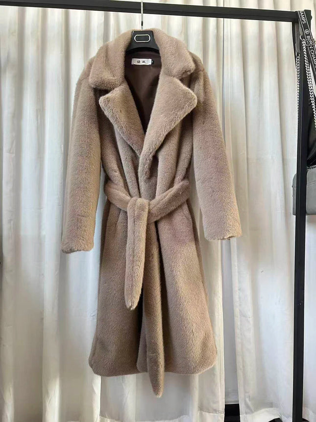 ZADORIN 110cm Long Lapel Belted Brown Faux Fur Coat Woman Elegant Mink Fur Faux Coat Fluffy Fur Jackets for Woman Winter Clothes