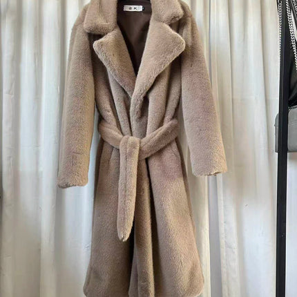 ZADORIN 110cm Long Lapel Belted Brown Faux Fur Coat Woman Elegant Mink Fur Faux Coat Fluffy Fur Jackets for Woman Winter Clothes
