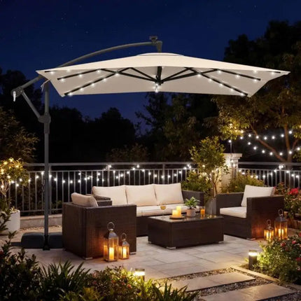 Ombrellone da patio a braccio laterale 8x8 piedi quadrati con LED solari e rotazione a 360° °   Rotazione-Beige