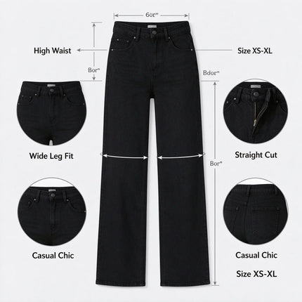 Women High Waist Black Flared Stretch Jeans, Loose Fit Denim Pants with Stitching Details, Elegant Casual Fashion Trousers for All Seasons, Sizes XS-XL Fx1338-1