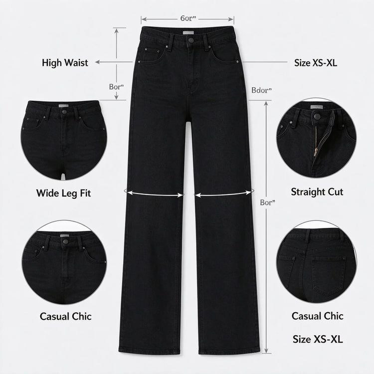 Women High Waist Black Flared Stretch Jeans, Loose Fit Denim Pants with Stitching Details, Elegant Casual Fashion Trousers for All Seasons, Sizes XS-XL Fx1338-1