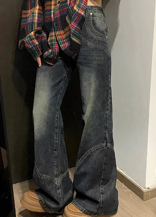 Y2K Spicy Girl Dark Series Jeans a gamba larga da donna New High Street Splicing Pantaloni svasati dimagranti a vita alta larghi
