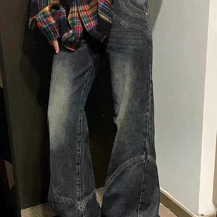 Y2K Spicy Girl Dark Series Jeans a gamba larga da donna New High Street Splicing Pantaloni svasati dimagranti a vita alta larghi