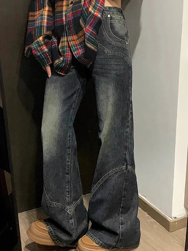 Y2K Spicy Girl Dark Series Jeans a gamba larga da donna New High Street Splicing Pantaloni svasati dimagranti a vita alta larghi