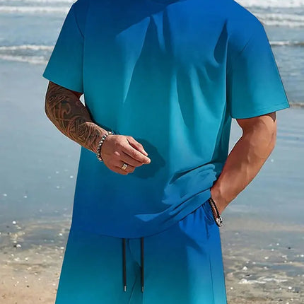 Men's Short Sleeve Gradient Print Shorts Set Fashion Hawaiian Men's Set Casual Summer Men's T-shirt Outdoor Beach Men's Shorts