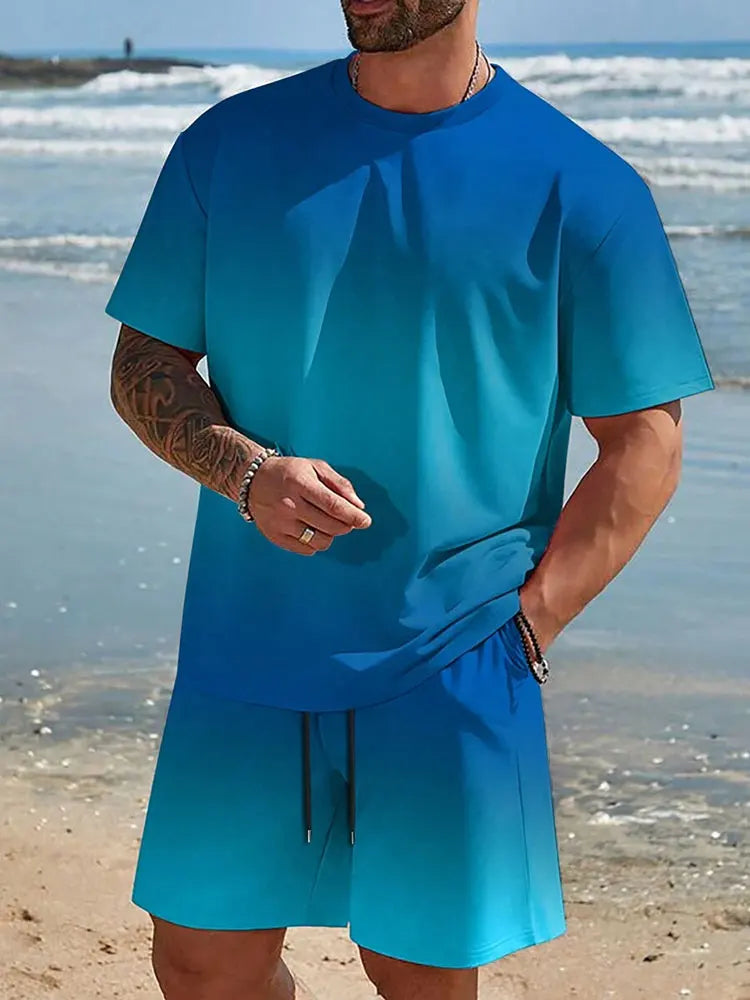 Pantaloncini a maniche corte da uomo con stampa sfumata Set Set di moda da uomo hawaiano T-shirt casual da uomo estiva Pantaloncini da uomo da spiaggia all'aperto