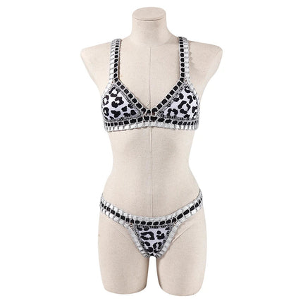 Set bikini reversibile leopardato fatto a mano all'uncinetto Set costumi da bagno neri a bordo piscina blu Paisley costume da bagno di lusso maillot de bain femme PlatiNum