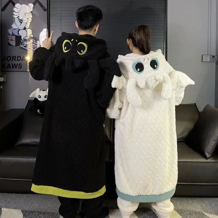 Anime Toothless Boy and Girl Winter Pajama Robe Kawaii Y2K Role-Playing Birthday Gift Thick Coral Velvet Warm Home Clothes Set