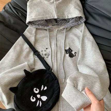 Zipper Hoodie Gothic Cartoon Kawaii Cat Ear Y2k Jacket Zip Up Thin Coat Spring Autumn Cute Core 2000s Clothes Fall Sweatshirts