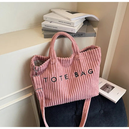 Large Capacity Striped Velvet Handbag Shoulder Bag for Woman Handbags Crossbody Bags, Versatile Letter Corduroy Women's Tote Bag PlatiNum