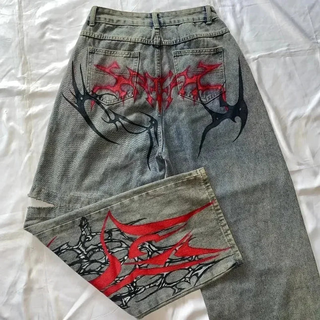 Jeans Y2K Hip Hop Strappati a Gamba Larga, Nuovi Pantaloni Baggy in Denim, Jeans da Donna Autunnali Retrò Harajuku Gothic con Stampa a Spuntoni, Cool Streetwear