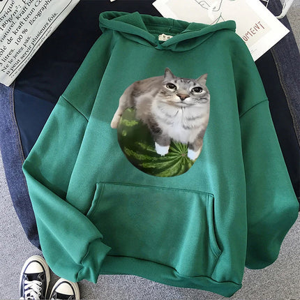Cute Watermelon Cat Silly Cat Meme Printed Hoodies 90s Casual Sweatshirts Graphic Y2k Hooded Women's Gothic Streetwear Clothes