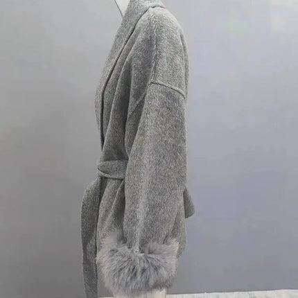 UCXQ Elegant Woolen Coat Temperament Office Lady Overcoats Fur Patchwork Long Sleeve Beautiful Women's Coats 2025 Winter New