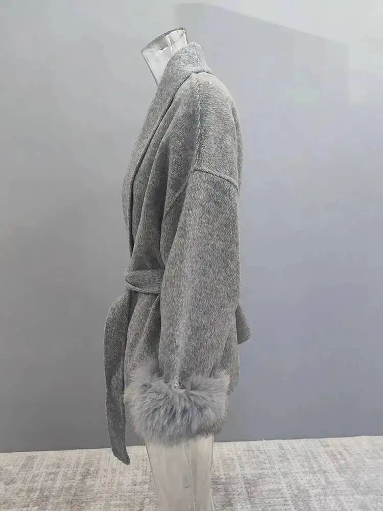 UCXQ Elegant Woolen Coat Temperament Office Lady Overcoats Fur Patchwork Long Sleeve Beautiful Women's Coats 2025 Winter New