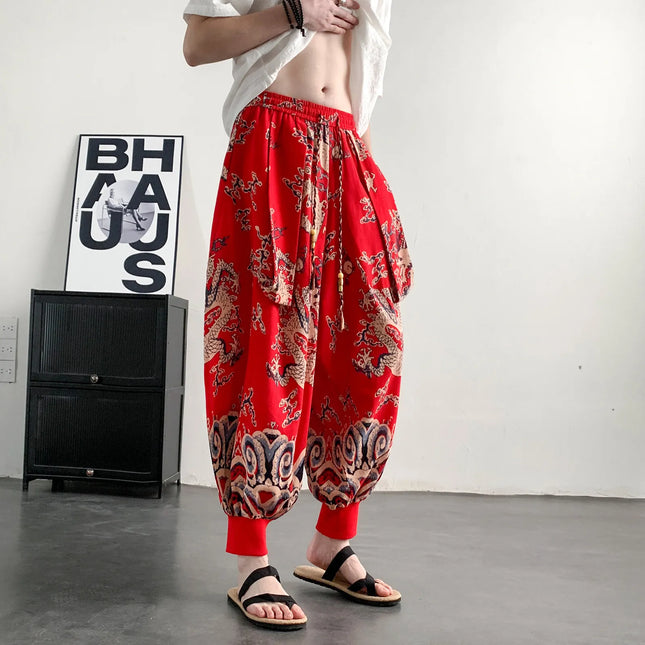 Men's Summer Pants 2026 Lightweight Thin Cotton Comfortable Beach Trousers, Loose Casual Hip Hop Printed Pants, Fashion Oversized Jogger Pants