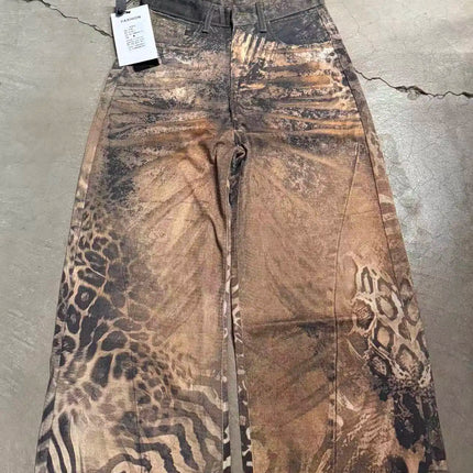 Jeans Larghi da Donna Stile Retrò Americano Y2K 2026 con Stampa Leopardata 3D, Pantaloni a Gamba Larga Vestibilità Comoda