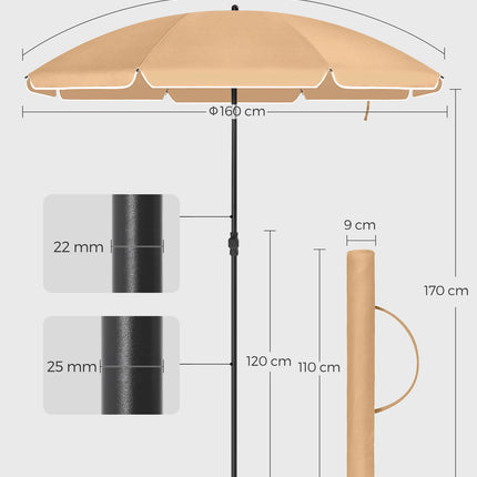 SONGMICS Ombrellone di 160 cm, UPF 50+, Inclinazione Bidirezionale a 30°, Altezza Regolabile, con Borsa da Trasporto, per Balcone Giardino Terrazzo Spiaggia, senza Base