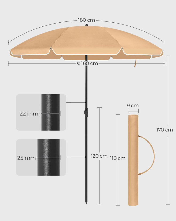 SONGMICS Ombrellone di 160 cm, UPF 50+, Inclinazione Bidirezionale a 30°, Altezza Regolabile, con Borsa da Trasporto, per Balcone Giardino Terrazzo Spiaggia, senza Base