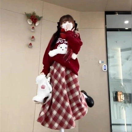 Red Plaid Midi Skirt Women Fall Winter Vintage High Waist Sweet Woolen Cloth Skirts Retro Loose Preppy Aesthetic Female Skirt PlatiNum