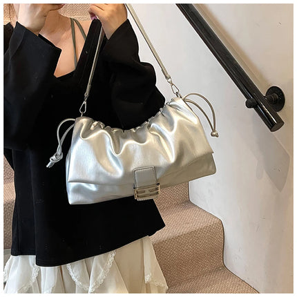Women's Large Capacity Casual Single Shoulder Bag Soft Leather Cloud Pleated Drawstring Tote Bag Fashion Versatile Underarm Bag
