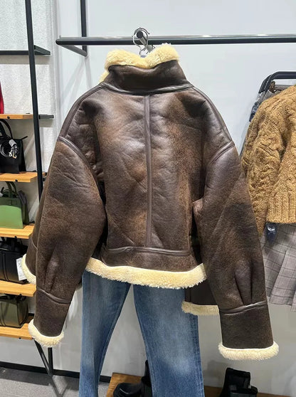 2025 New Autumn Winter Women Faux Lamb Fur Short Jacket Vintage Female Moto Biker Zipper Thick Warm Coat Fleece Outwear