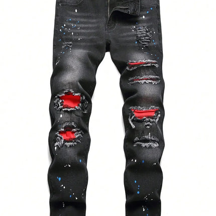 Men y2k Stretchy Skinny Denim Jeans For Men Casual pants Ripped Patchwork Hole Slim Fit Denim Hip Hop Black Straight Trousers PlatiNum