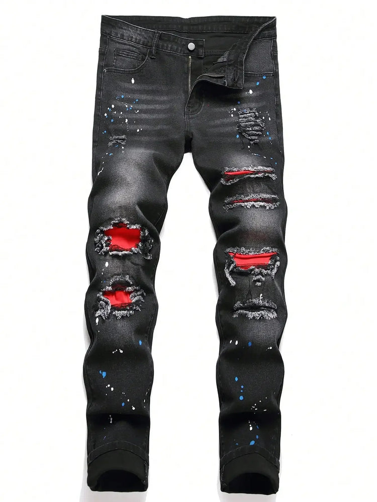 Men y2k Stretchy Skinny Denim Jeans For Men Casual pants Ripped Patchwork Hole Slim Fit Denim Hip Hop Black Straight Trousers PlatiNum