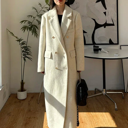 High-end Thick Double-sided Wool Coat Female Fashion Long  Autumn Winter Lapel Double Breasted Wool Coat Women Loose Outerwear
