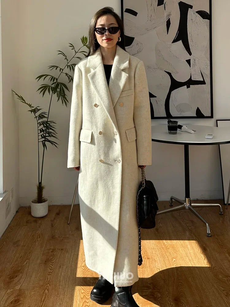 High-end Thick Double-sided Wool Coat Female Fashion Long  Autumn Winter Lapel Double Breasted Wool Coat Women Loose Outerwear