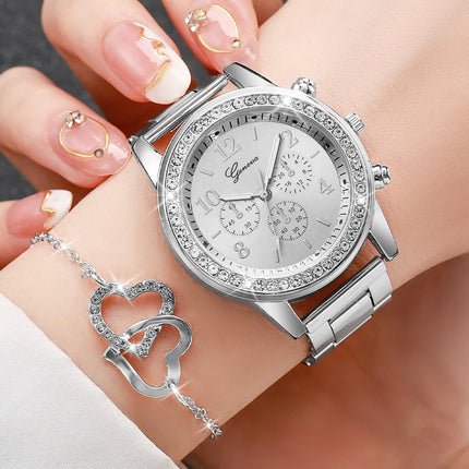6 pezzi/set orologio da donna moda strass cinturino in acciaio inossidabile orologio al quarzo doppio cuore set di gioielli (senza scatola) platinumshop