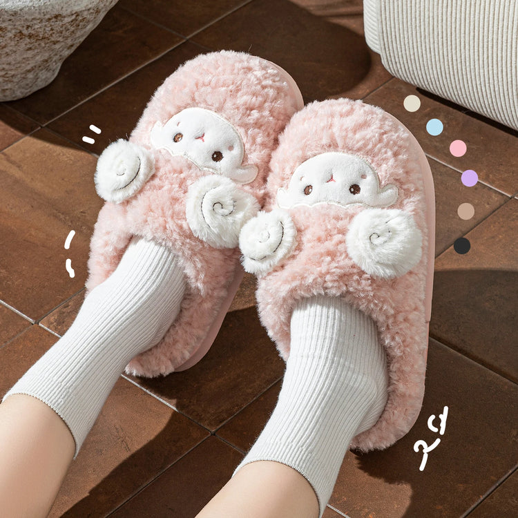 Cute Little Sheep Plush Slippers Women Winter Warm Thick Soft Sole House Shoes Indoor Fuzzy Non-Slip Comfortable Home Slides